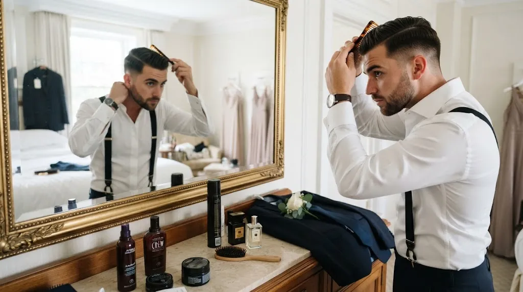 A handsome groom carefully applying styling product to his hair in front of a mirror during wedding preparation