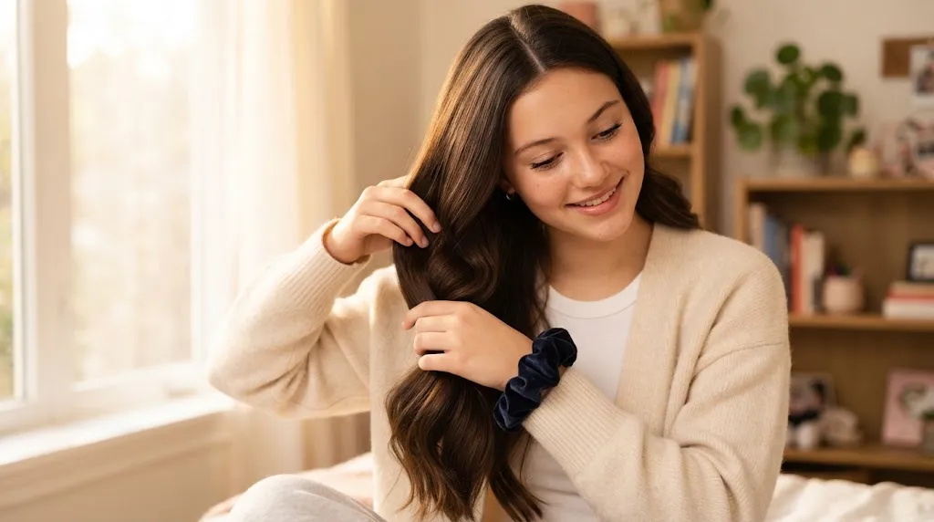 A teenager carefully removing a hair tie from healthy, unbroken hair to prevent friction damage and split ends.