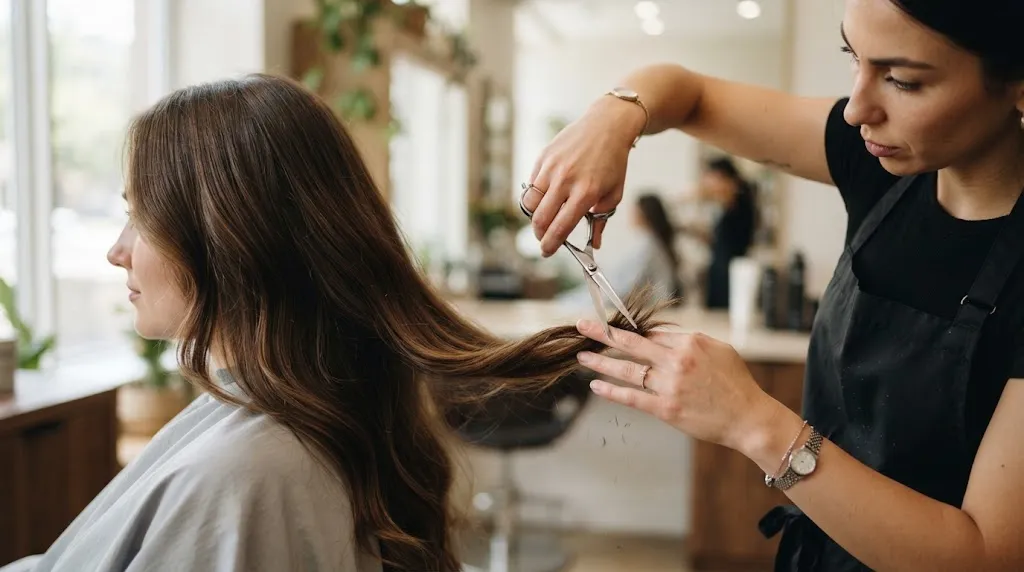 Professional hairstylist performing a dust trim on long healthy hair to remove split ends without losing length