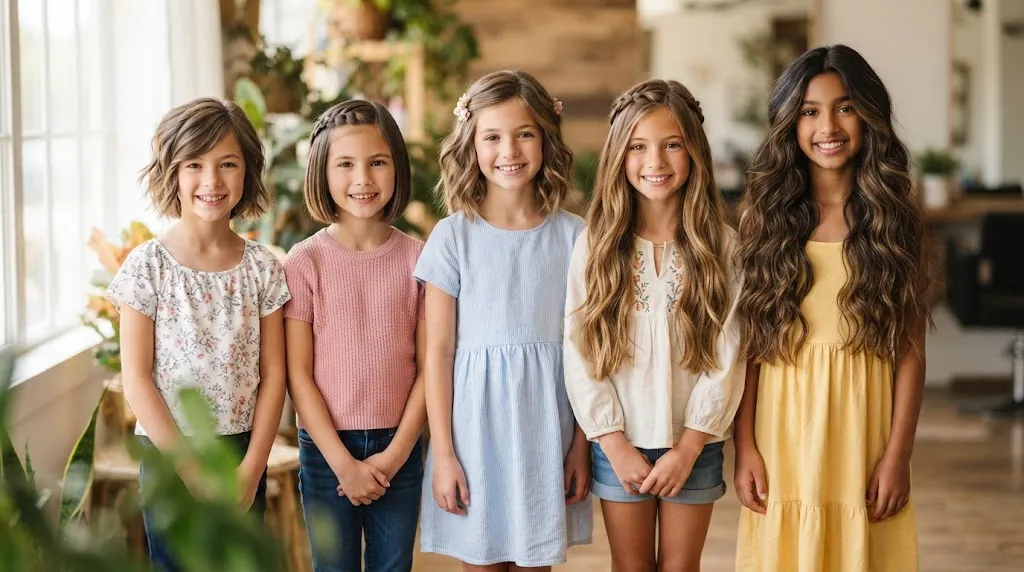 A collection of easy and trendy hairstyles categorized by hair length including short bobs, medium lobs, and long layers for girls