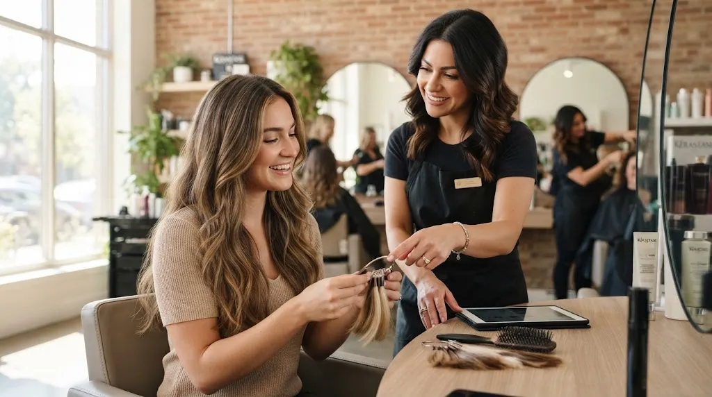 A professional hair consultation between a smiling client and a stylist discussing long layered haircuts for face-framing
