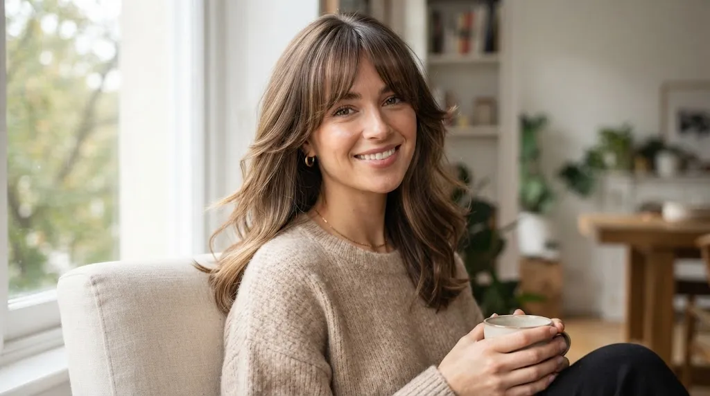 Young woman with soft wispy curtain bangs and face-framing layers styling to balance a wide forehead