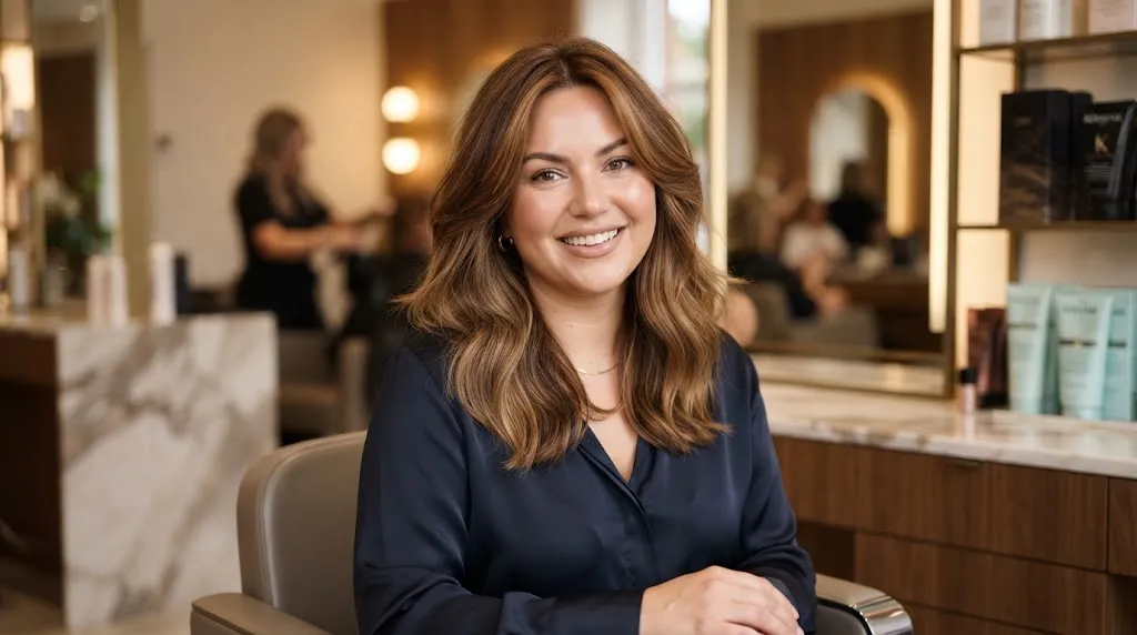 Flattering medium-length long layers haircut styled to elongate and slim a heavy or fuller round face shape in a professional hair salon.