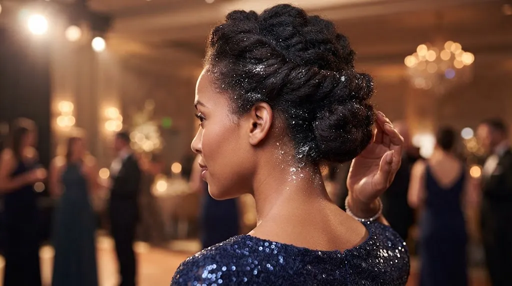 A close-up view of a woman's elegant updo hairstyle showing visible hairspray flaking under bright formal event lighting.