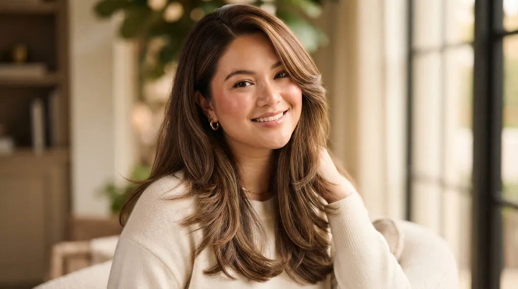 A woman with a round face shape showcasing long layers and a side part hairstyle for a balanced look