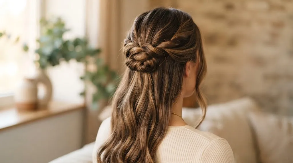 Elegant half-up twists hairstyle for long hair with secured crown pins for a neat summer look