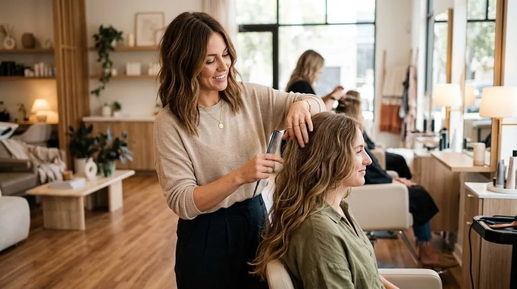 Woman with long growing-out layered hair getting a styling adjustment in a modern salon to manage awkward transition phases