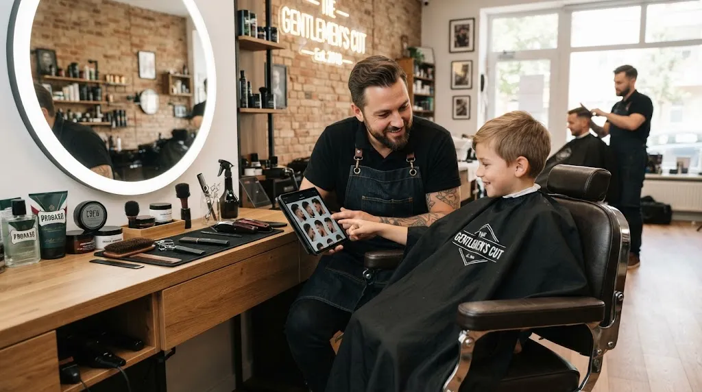 A professional barber consulting a young boy in a modern barbershop to select the best practical haircut.