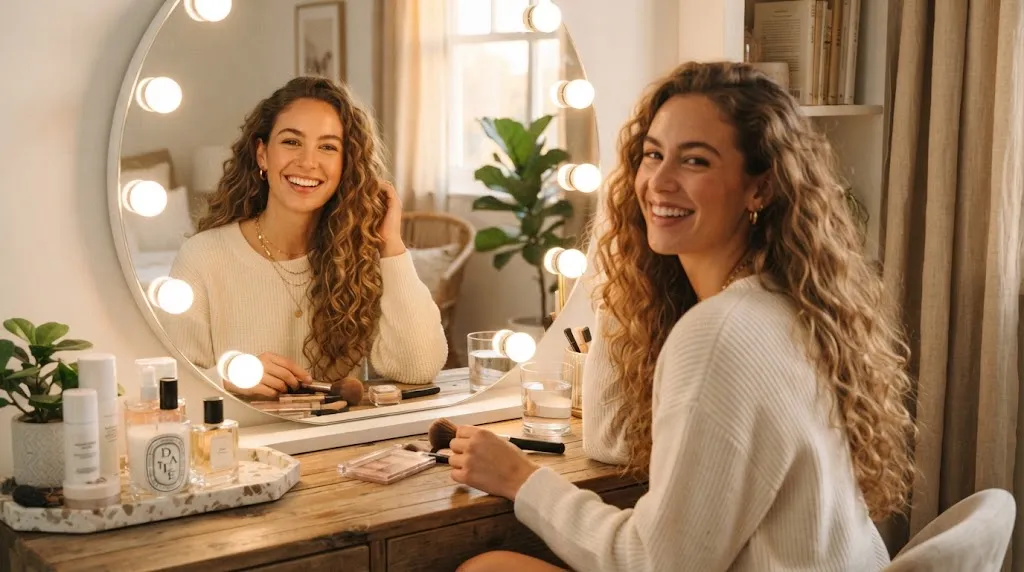 A person with long, healthy light curly hair checking the bounce and longevity of their soft curls in a well-lit room.