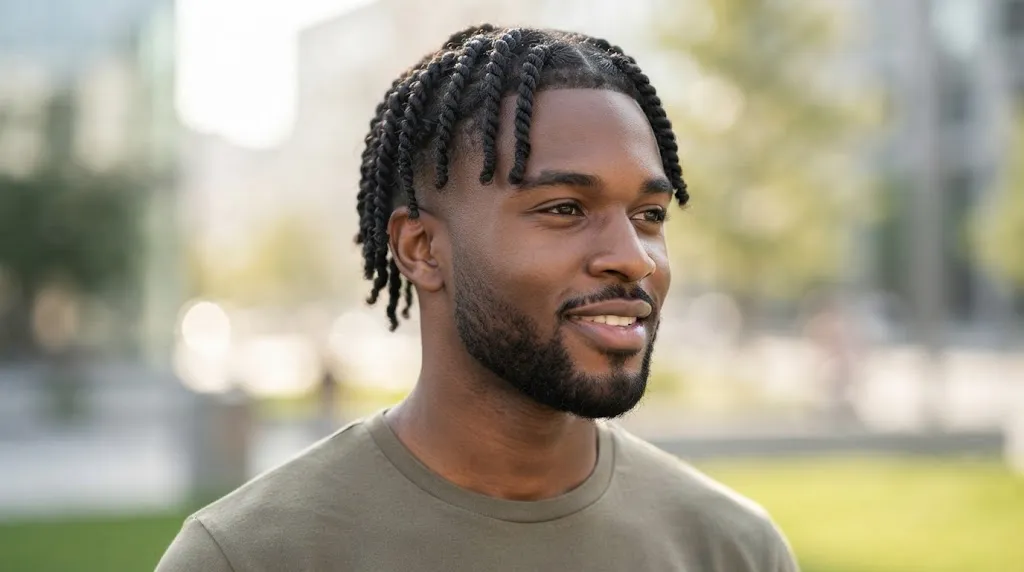 A smiling Black man with fresh, well-maintained two-strand twists and a sharp fade haircut, showing how long male twists last