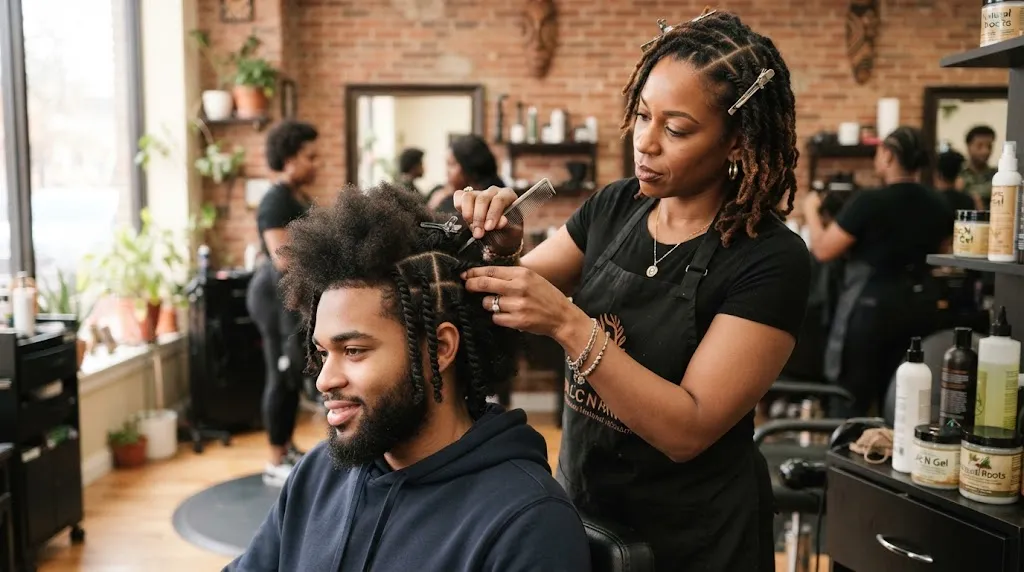 Professional loctician carefully installing neat two-strand twists on a Black man's textured hair to demonstrate installation time and sizing options.