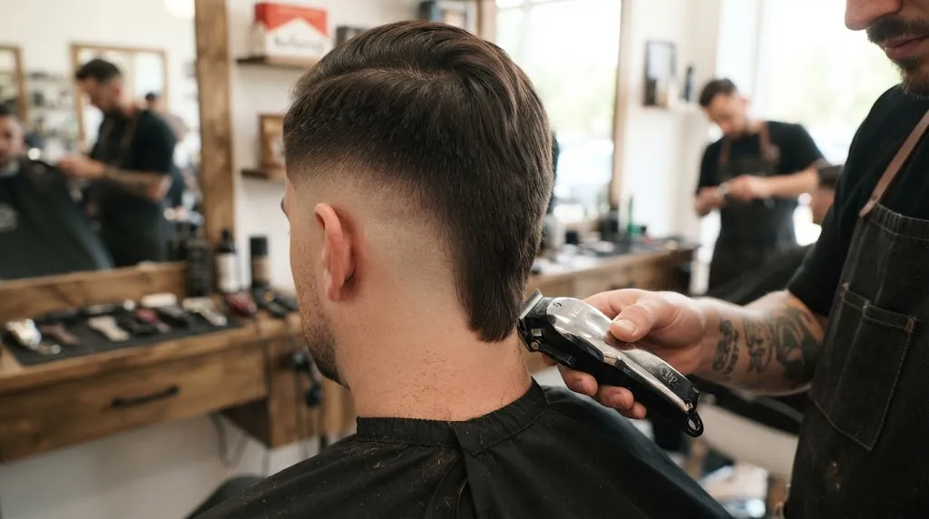 Close-up of a man in a barbershop showing a growing tail hairstyle with clean faded sides and a neat nape line.