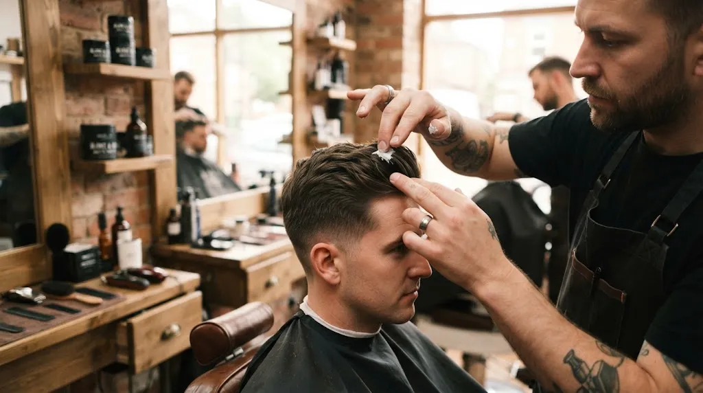 A professional stylist demonstrating how much hair styling product to use for a men's wedding haircut.