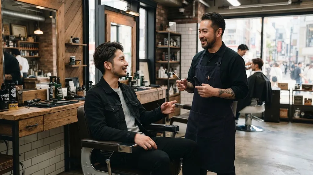 A stylish man consulting with a professional barber in a modern salon to get a Japanese haircut