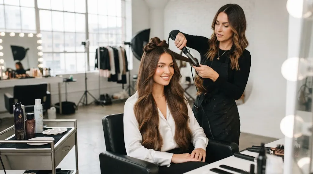 Professional hair model getting her healthy glossy hair styled in a studio for a step-by-step hair modeling guide