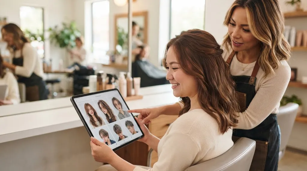 Woman sitting in a hair salon looking at hairstyle images on a tablet with her stylist to match her face shape.
