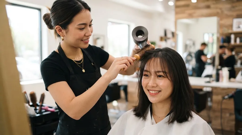 A professional stylist styling airy Korean see-through bangs with a round brush to prevent humidity frizz and greasiness.