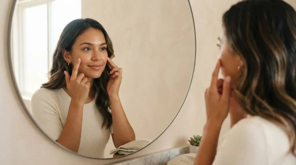 A person checking facial shape and symmetry in a mirror to determine if they have a round face.