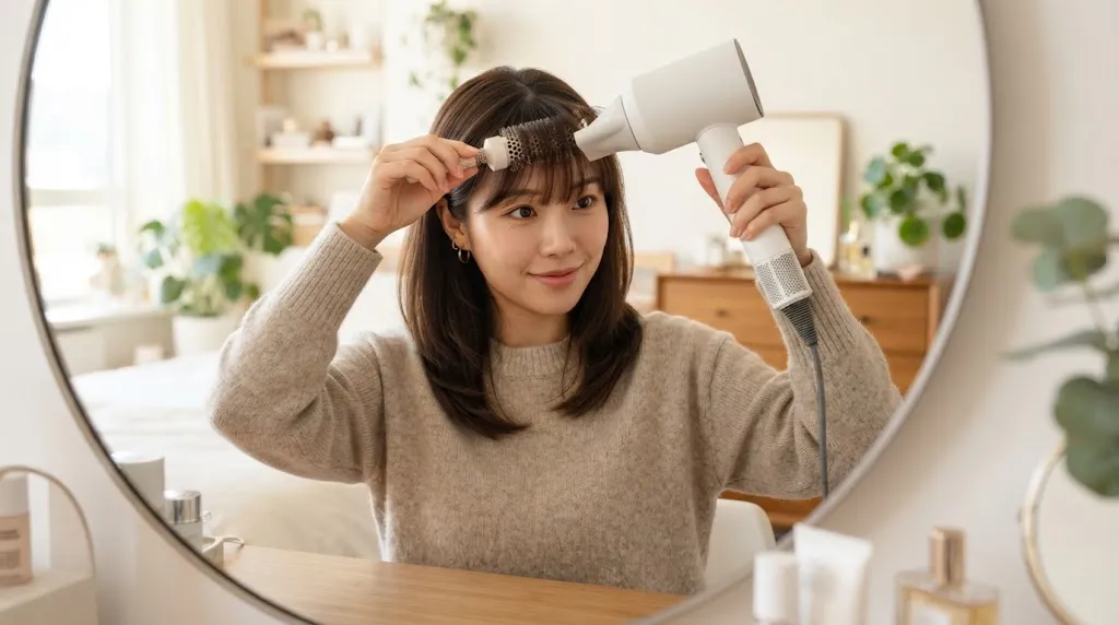 Close-up of a young woman styling her Korean see-through bangs to prevent splitting down the middle using a round brush