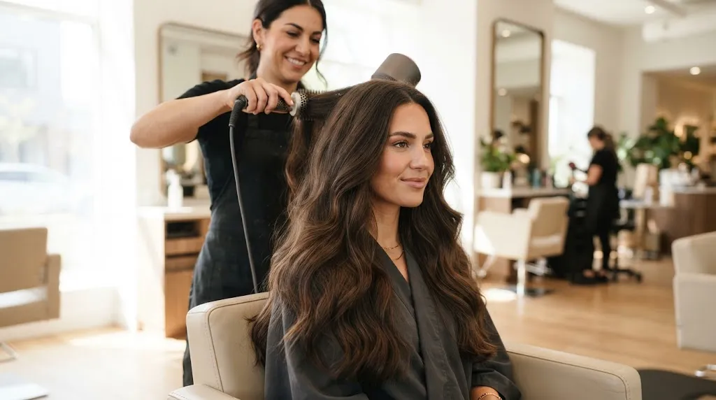 A woman with long, thick, healthy hair getting professional care and styling guidance in a salon setting.