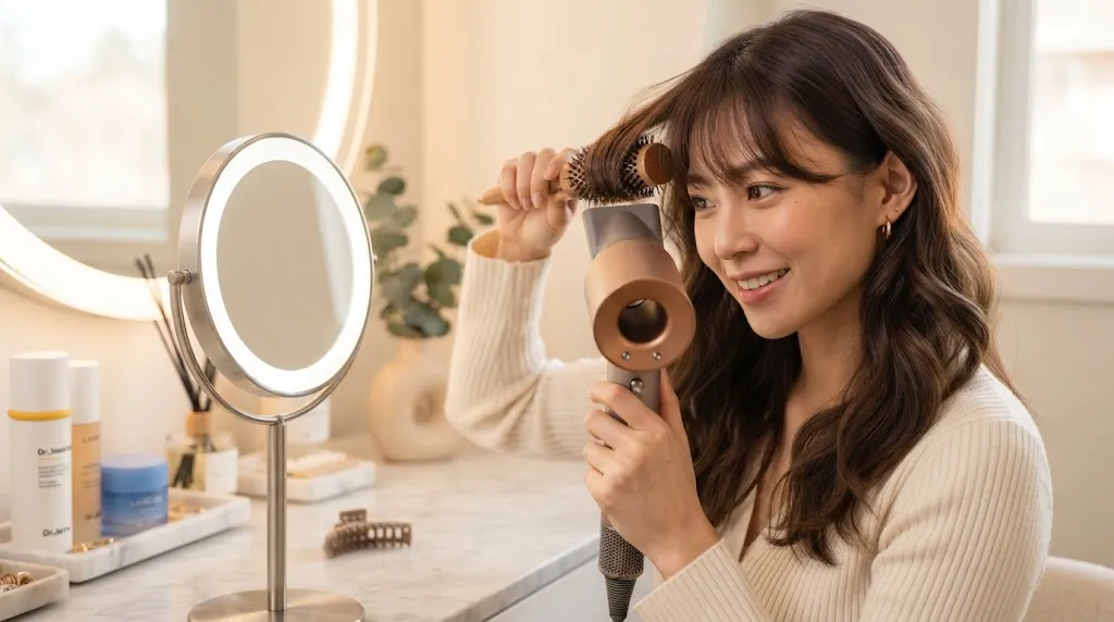 Close-up of a young woman styling her airy, see-through Korean bangs at home with a round brush and blow dryer