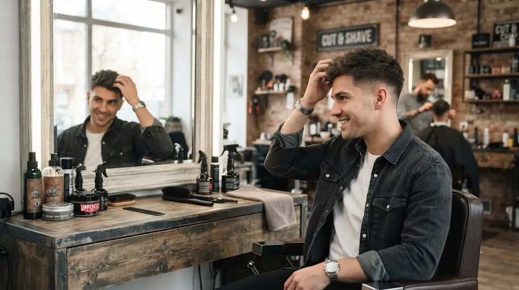 A stylish man with a clean normal slope haircut looking in a barbershop mirror while styling his hair naturally