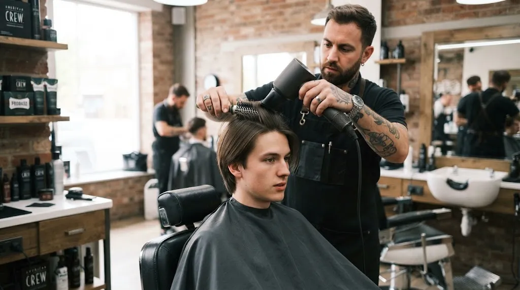 Professional barber blow-drying and styling a man's straight hair in a modern barbershop for a step-by-step styling guide