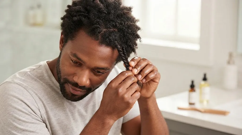 A black man carefully unwinding and taking down two-strand twists in his natural hair safely without breakage.