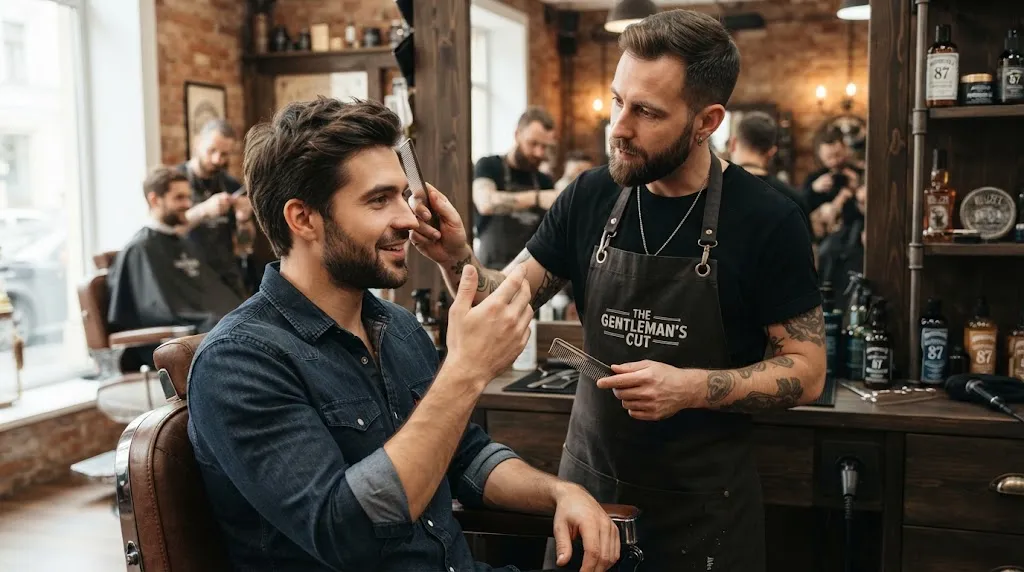 A stylish man discussing his haircut preferences and face shape with a professional barber in a modern barbershop