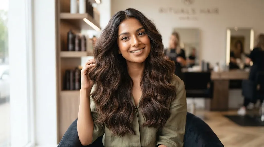 Professional long layered haircut for dense South Asian Indian hair texture with natural vertical waves to slim a fuller face.