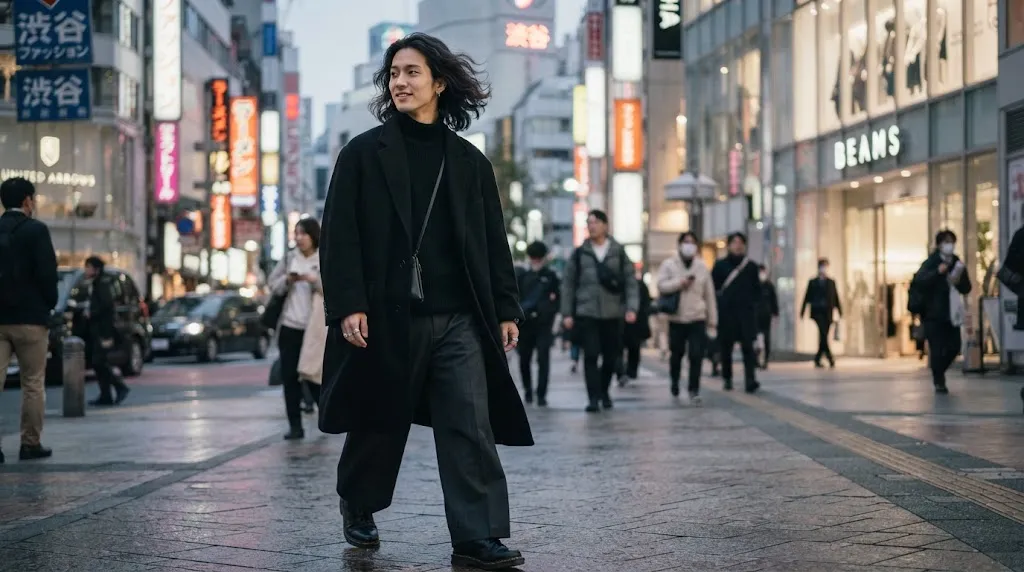 A young man showcasing a modern Japanese flow hairstyle with natural texture and movement for medium hair lengths.