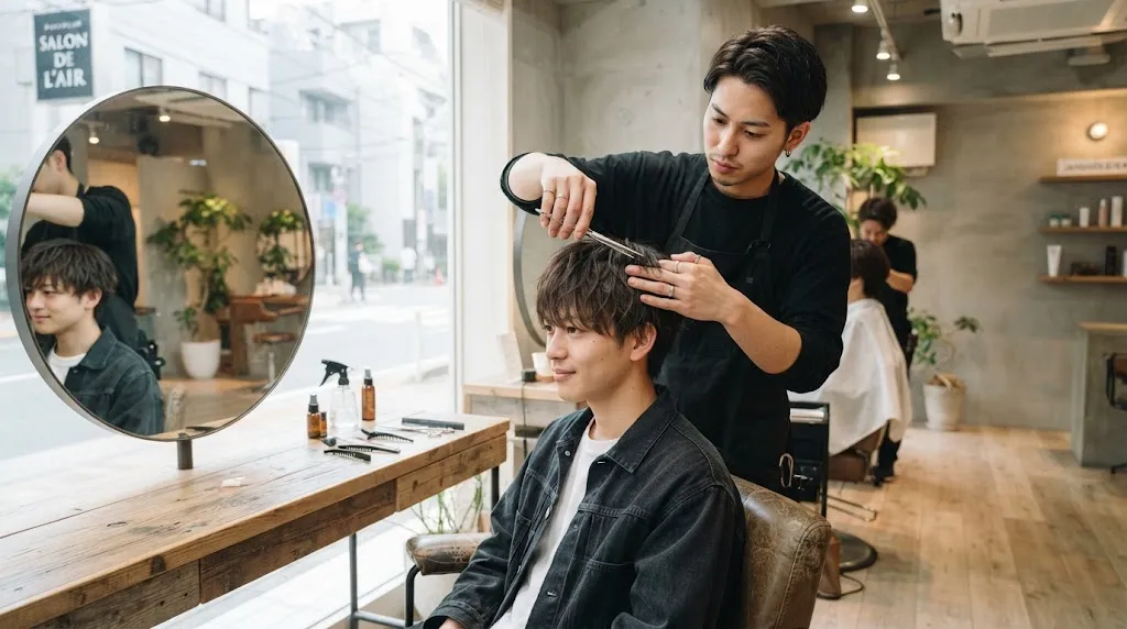 A professional Japanese hair stylist showing soft layers and natural texture for a modern men's haircut in a Tokyo salon
