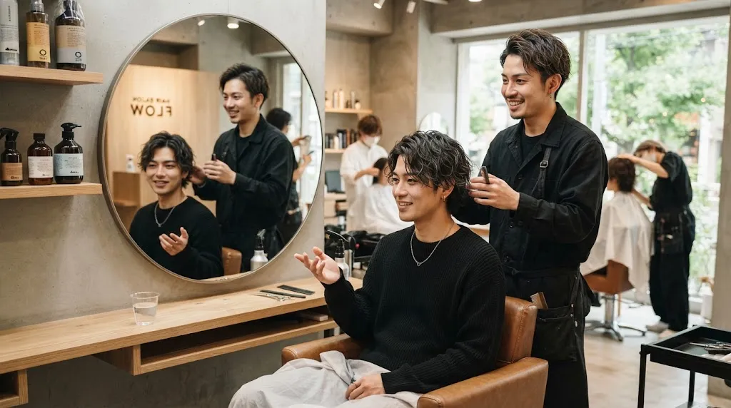 A stylish man consulting in a modern Tokyo hair salon to choose the best Japanese hairstyle for his specific hair type and texture.