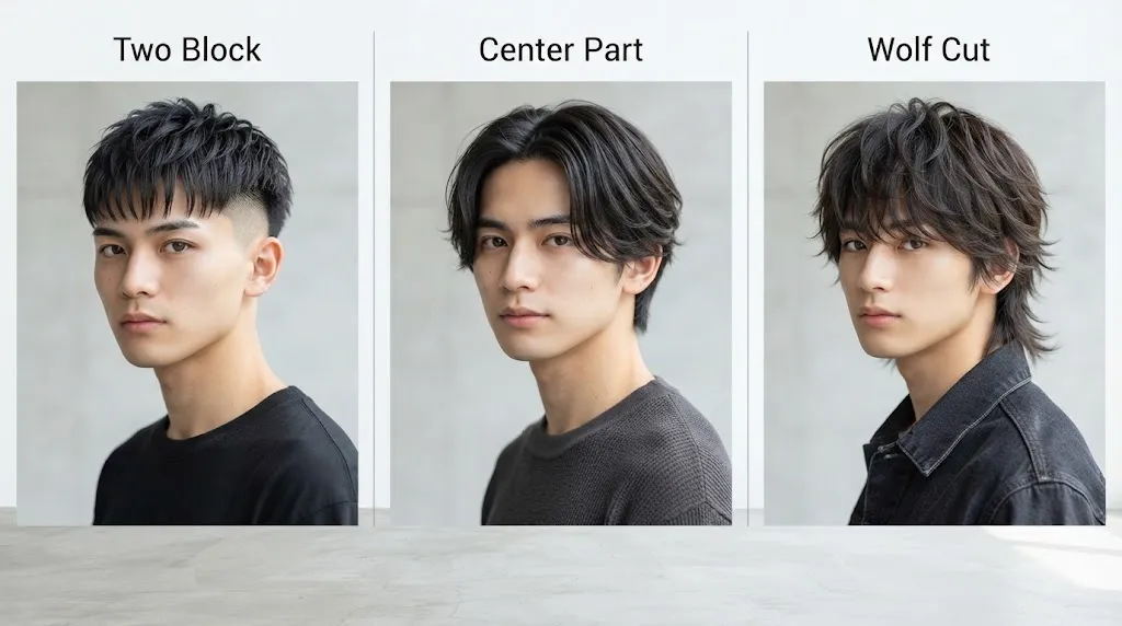 A detailed comparison chart showing various modern Japanese men's hairstyles including two block, center part, and wolf cut with natural textures.