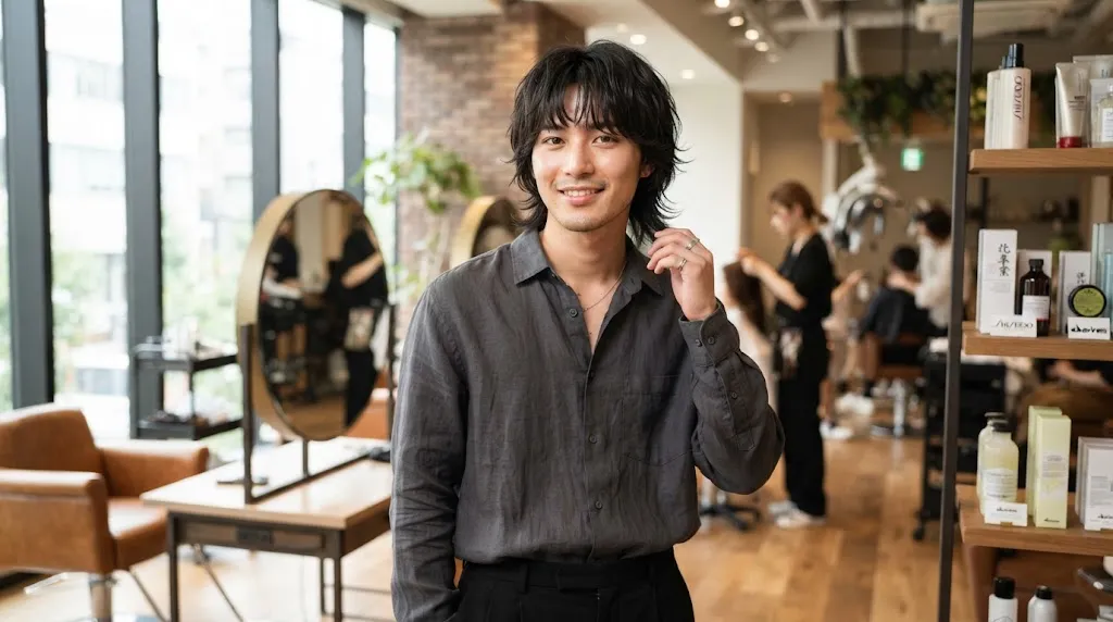 A stylish Asian man showcasing modern textured and layered Japanese hairstyles with a clean finish suitable for short, medium, and long lengths.
