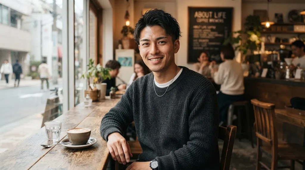 Handsome young Japanese man with a modern two-block haircut designed to flatter a round face shape with natural texture and volume.