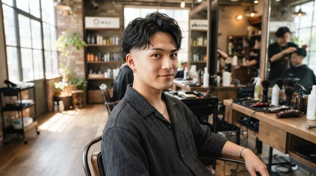 A stylish young man showcasing a modern Japanese two block haircut with textured top and clean short sides.