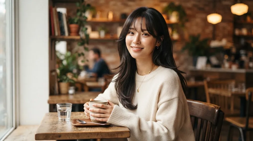 Close-up portrait of a woman showcasing Jennie's haircut with airy Korean see-through bangs and soft face-framing side tendrils