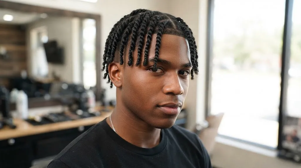 Young Black man showcasing neat two-strand hair twists with hair extensions and a clean fade hairstyle