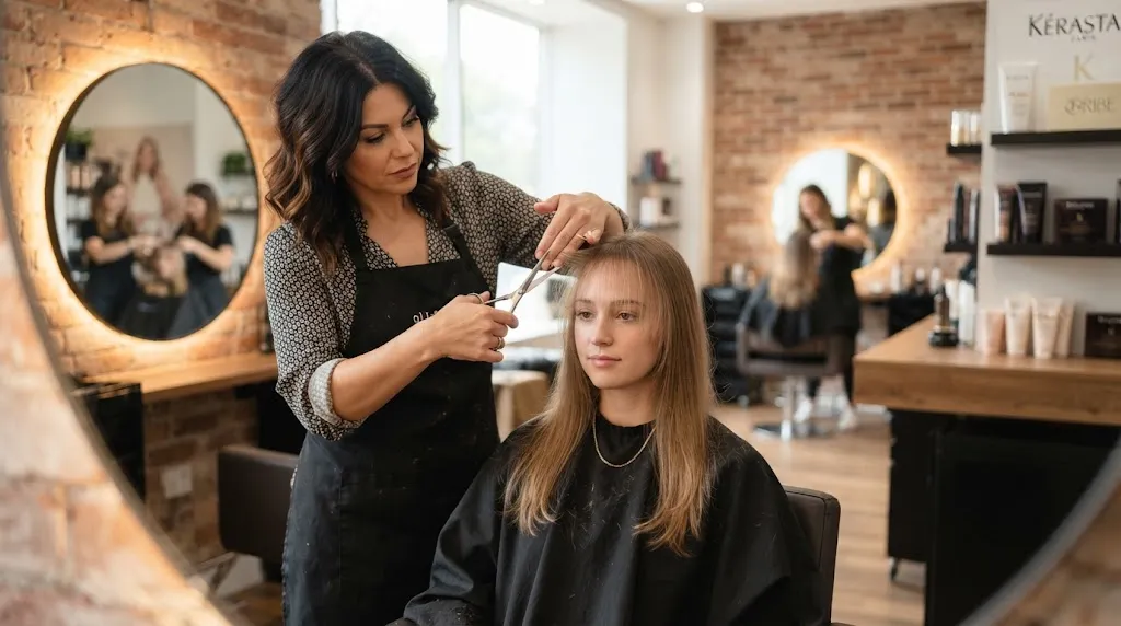 Professional hair salon stylist trimming and maintaining wispy Korean see-through bangs with precision scissors
