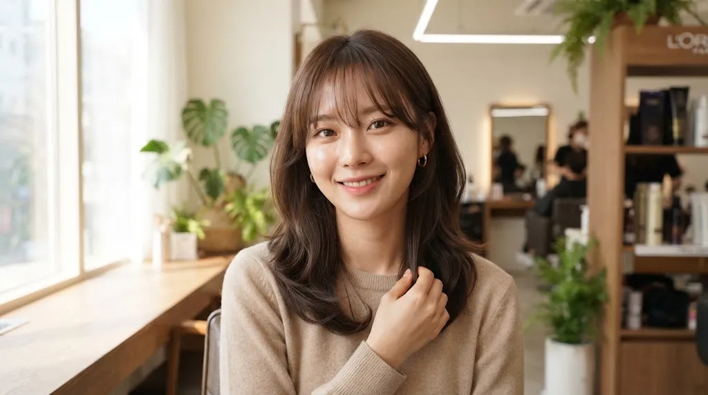A close-up portrait of a young woman showcasing trendy Korean see-through bangs and soft face-framing side tendrils.
