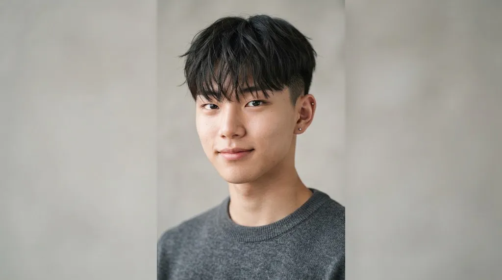 Teen hair model showcasing a trendy Korean boy hairstyle with textured fringe and clean sides in a professional studio setting.