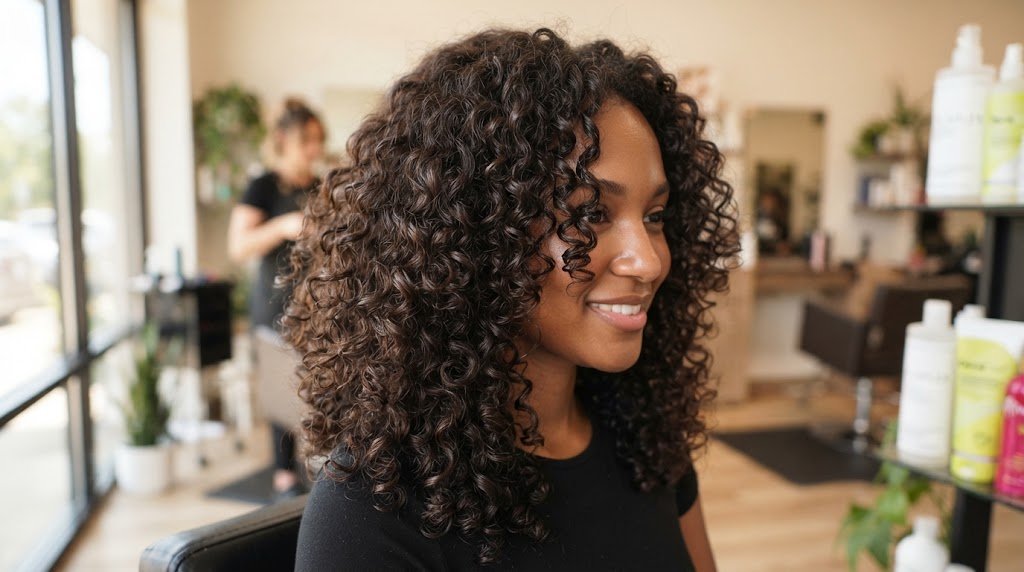 Close-up view of beautifully defined curls and textured curly hair styled with natural bounce and hydration for a Korean front hair cut.