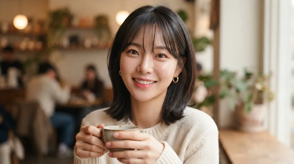 A woman with a heart-shaped face showcasing a soft, wispy Korean see-through fringe haircut that balances a broader forehead and narrow chin.
