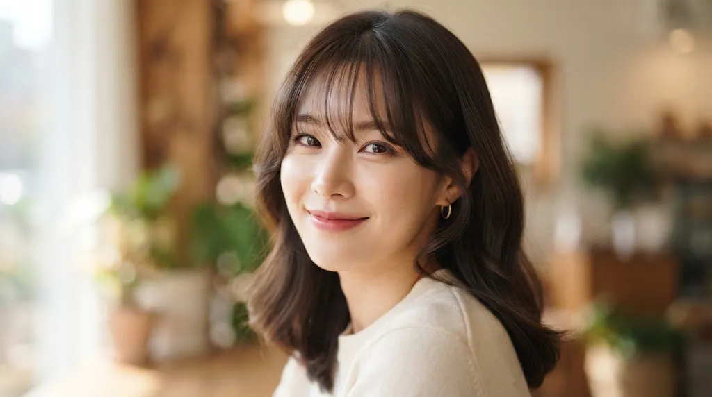 Close-up portrait of a woman with an oval face shape styling soft, airy Korean see-through bangs and face-framing tendrils.