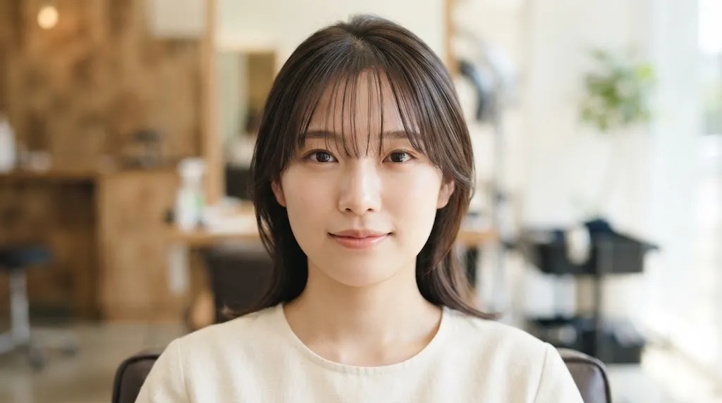 Close-up front view of airy, see-through Korean bangs on straight hair showing delicate strand separation and forehead visibility