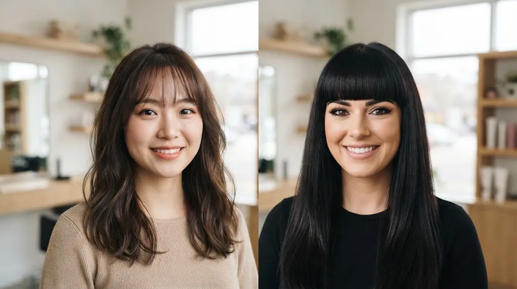 Side-by-side comparison showing the difference between airy Korean see-through bangs and a heavy traditional blunt fringe