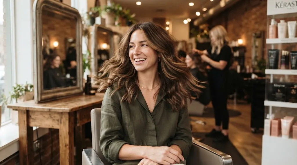 A professional hair salon photo of a woman showcasing a beautiful layer cut with natural movement, dimension, and texture.