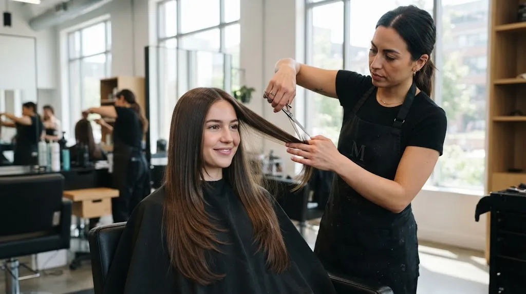 Professional stylist performing a layer step cut on long straight hair, showcasing distinct cascading tiers in a modern salon