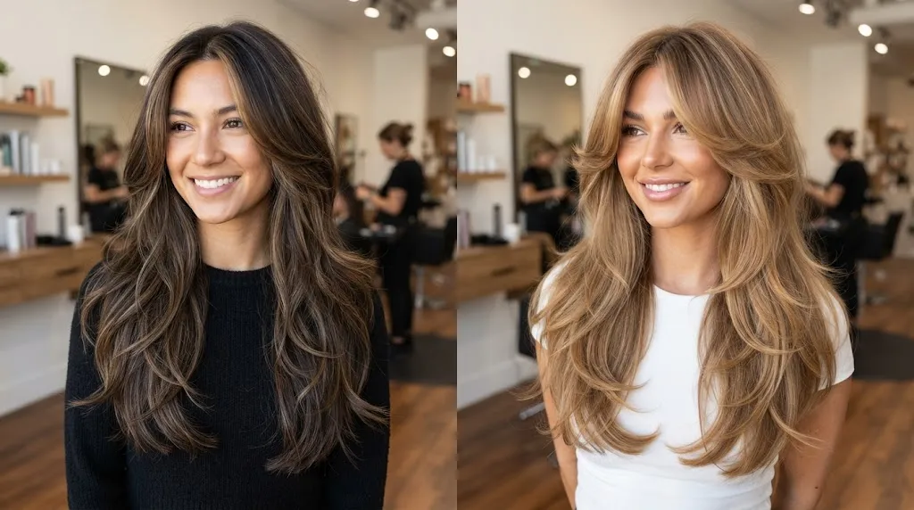 A professional side-by-side comparison of a layered haircut and a butterfly haircut on women with beautiful, flowing textured hair in a modern salon setting.